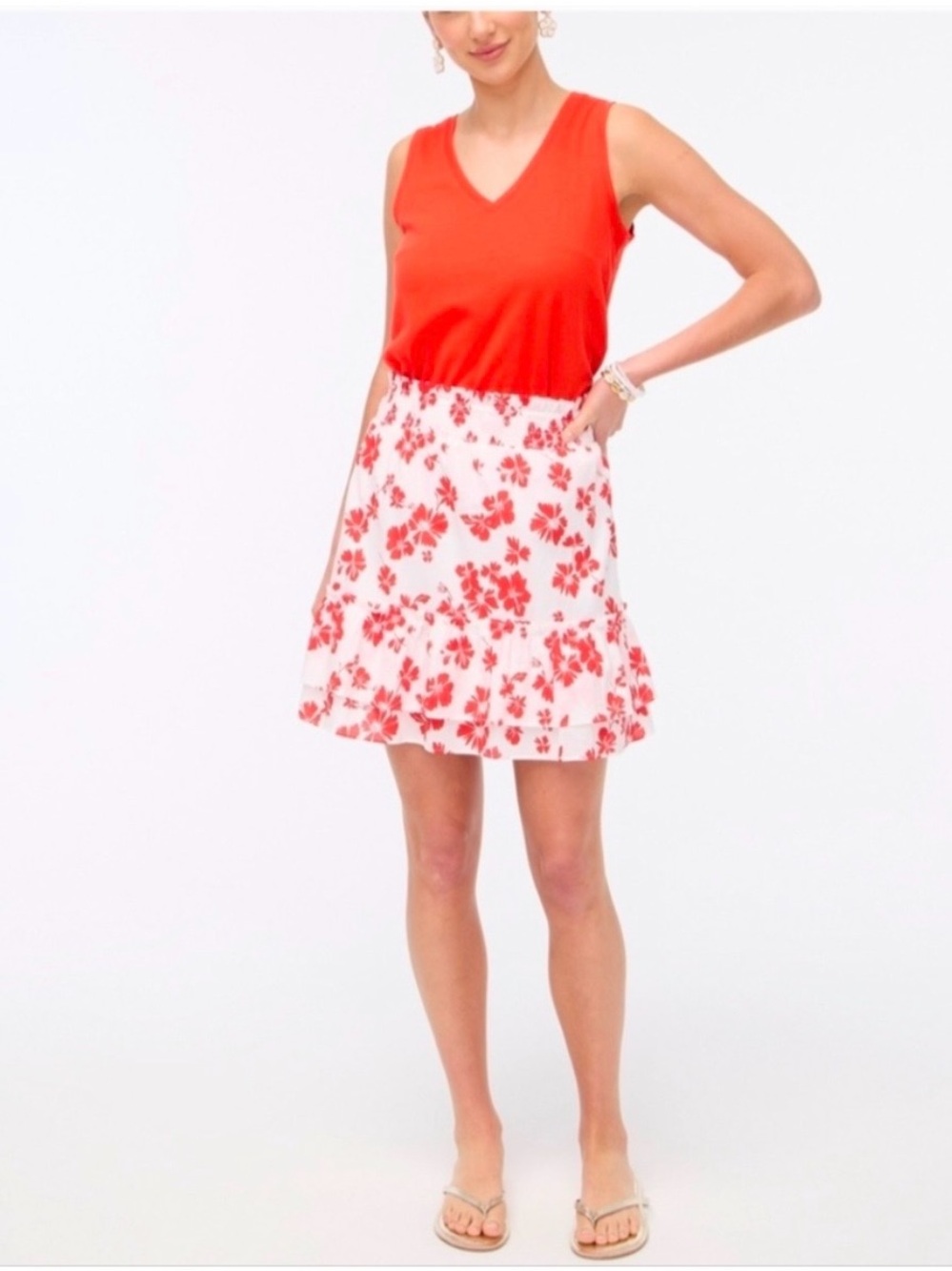 J. Crew Red & White Floral Ruffle Mini Skirt